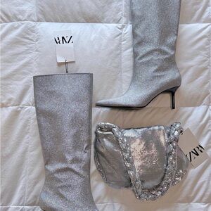 Zara Silver Glitter Pointed Toe Stiletto Boots